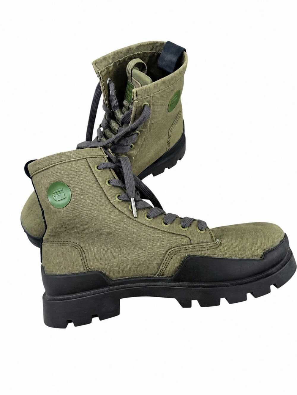 G-Star Raw Denim Olive Green Canvas Combat Boots with Black Lug Sole Size 10